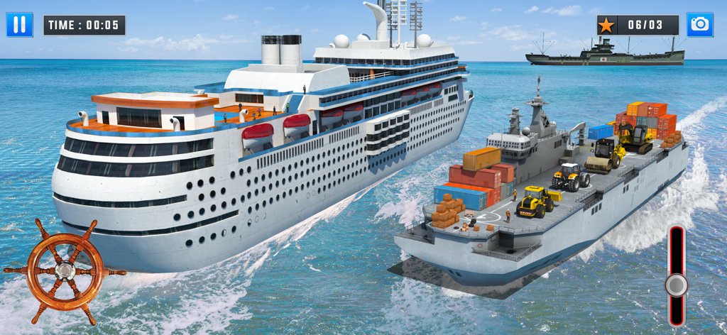Ship Simulator Cruise Driving - A large cruise ship and a cargo vessel transporting heavy machinery in the ocean during gameplay