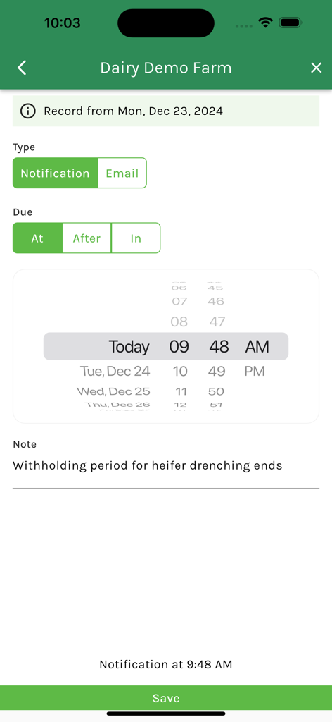 Resolution Farming App - A mobile app screen for scheduling a task notification on a dairy farm with a date and time picker and a note about heifer drenching.