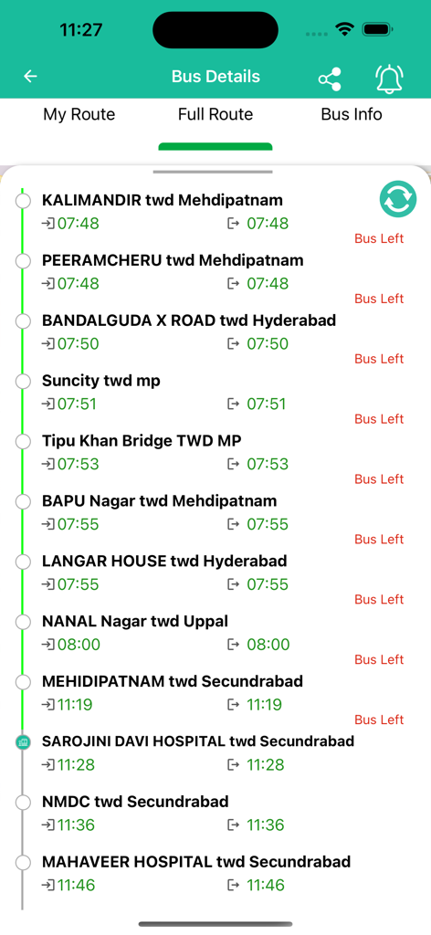 TGSRTC Gamyam - The TGSRTC Gamyam app showing a full route list of bus stops with arrival and departure times