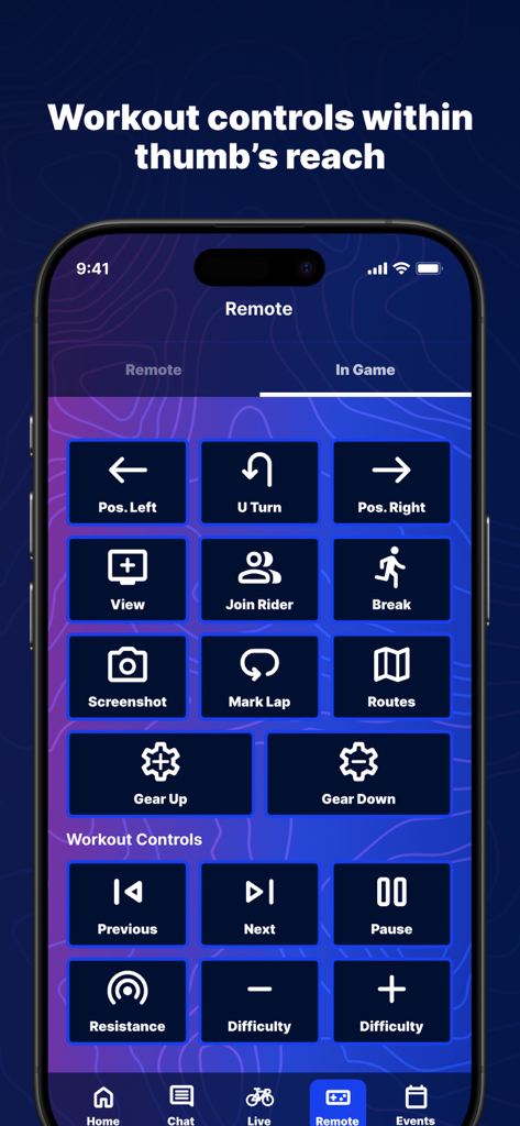 Pantalla de control remoto de la aplicación TrainingPeaks Hub con controles de navegación en el juego y del entrenamiento