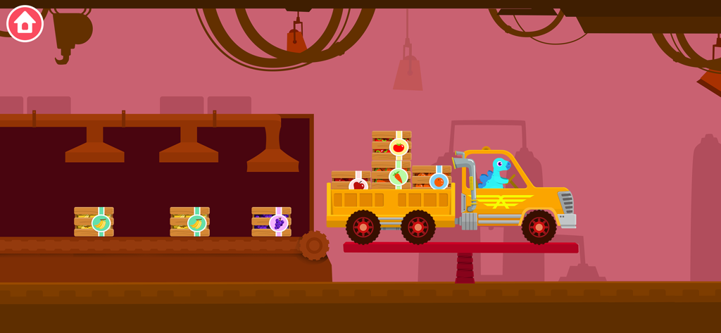 Ein blauer Dinosaurier fährt einen gelben LKW, beladen mit Obstkisten in einer Fabrik.