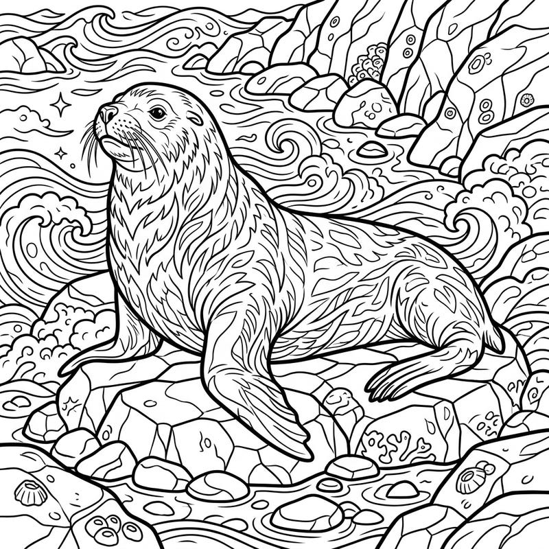 Embark on a coloring journey with the mighty Steller Sea Lion, captured in a serene moment on its rocky coastal home. This detailed template offers a perfect blend of nature's majesty and artistic challenge for all ages.