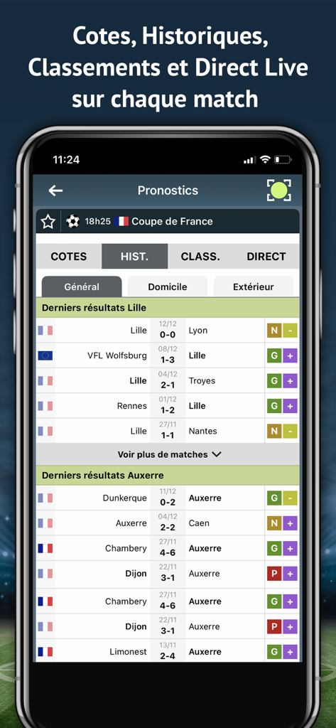 Capture d'écran de l'application Pronosoft affichant les résultats historiques des matchs de football et les statistiques des équipes pour l'analyse des paris