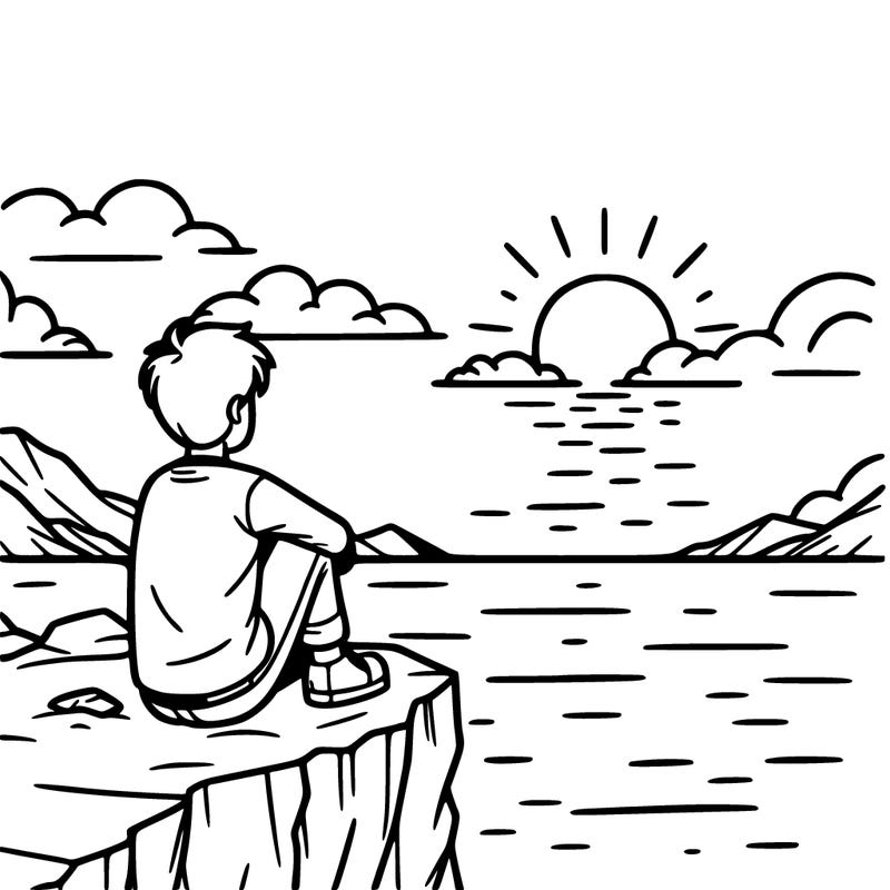 someone sitting on the edge of a cliff looking at the sunset