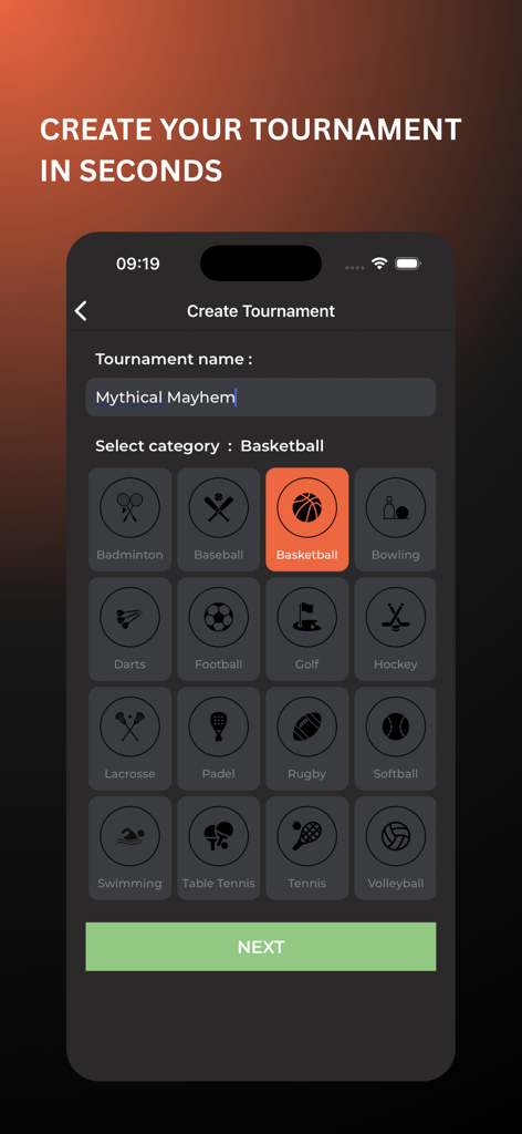Bracket & Scheduler - Oberfläche zur Erstellung eines neuen Turniers in der Bracket and Scheduler App, die verschiedene Sportkategorien zur Auswahl anzeigt