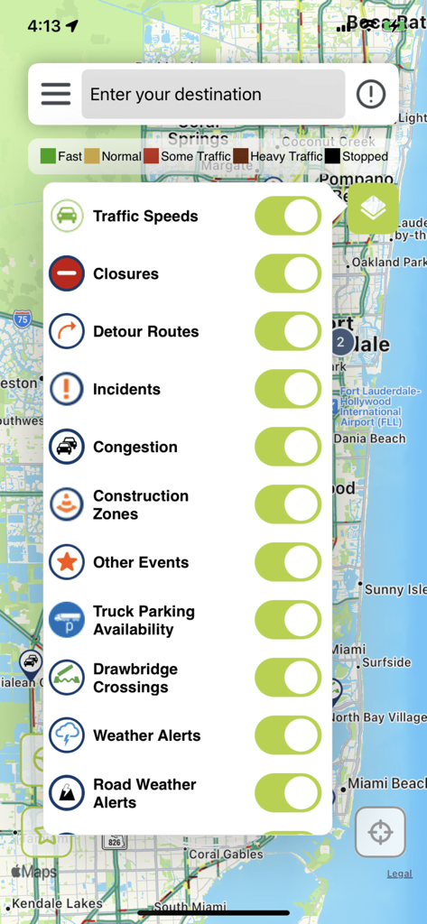 Florida 511 (FDOT Traffic) - Map of Florida with traffic information layer settings on the Florida 511 app