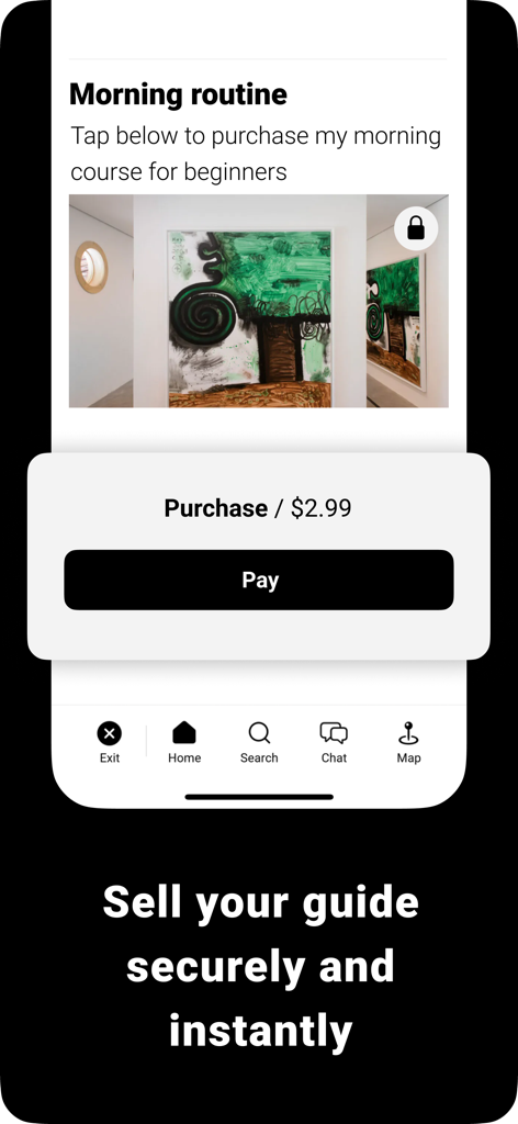 Une interface mobile pour l'achat d'un cours de guide de musée avec un bouton de paiement sécurisé.
