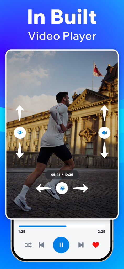 Video Downloader : Download - Interface of the built-in video player with volume and brightness gesture controls for offline viewing