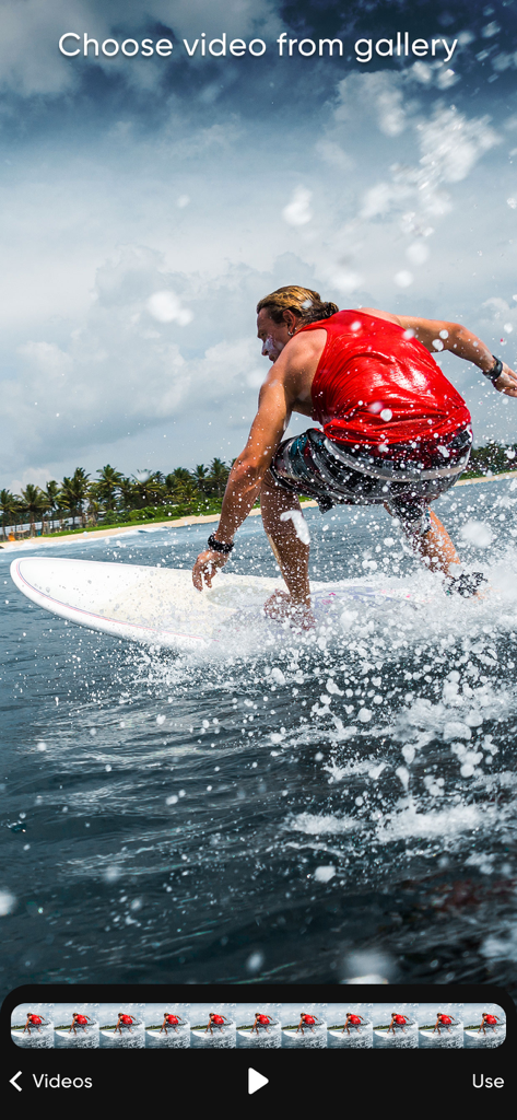 Add Audio to Video Mix - Mobile app interface showing the gallery selection screen for choosing a video to edit