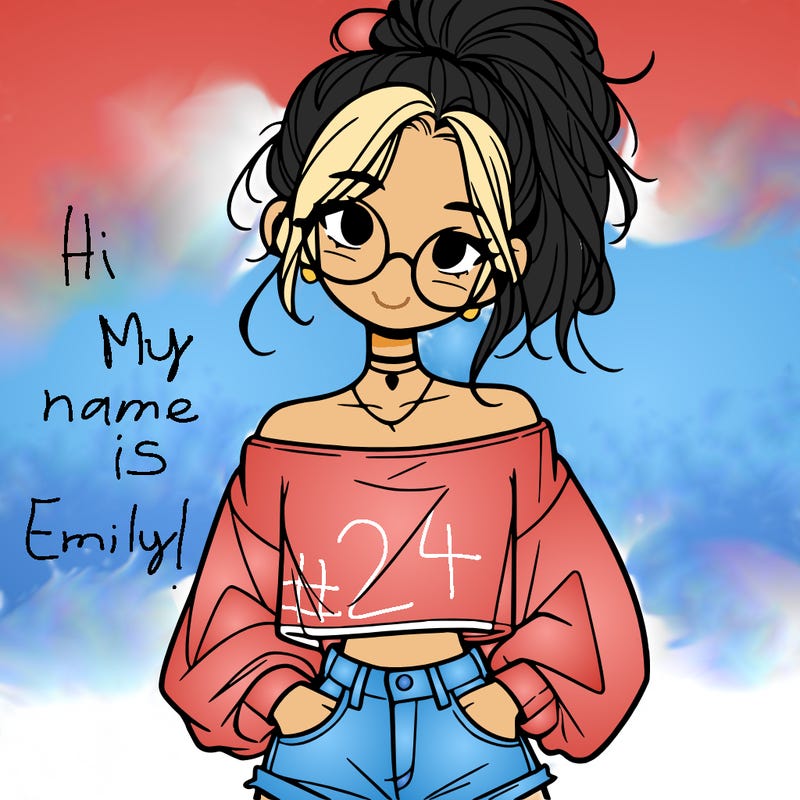 girl with a messy ponytail glasses a baggy crop top and jean shorts