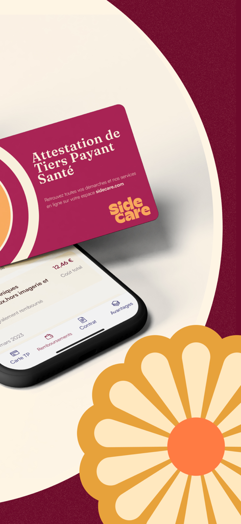 Interface de l'application SideCare affichant une carte d'assurance santé numérique et le suivi des remboursements sur un smartphone.