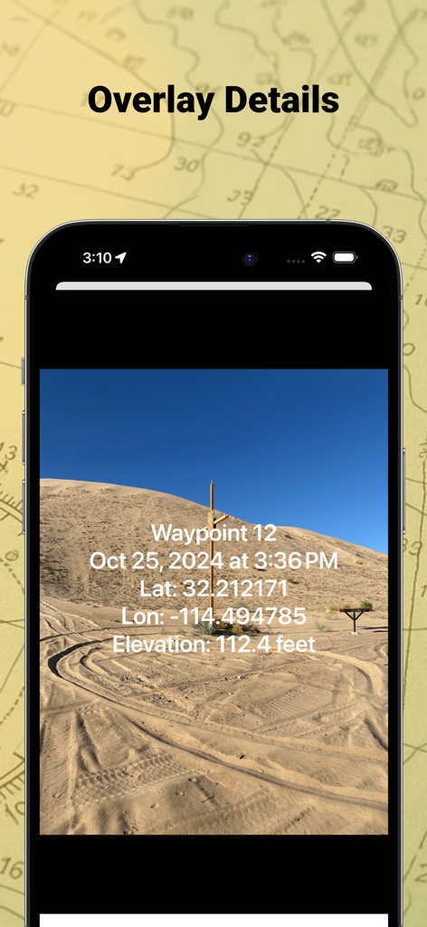 GPS Waypoint - MyGPSWaypoints - Smartphone screenshot showing GPS coordinates and elevation overlaid on a desert landscape photo