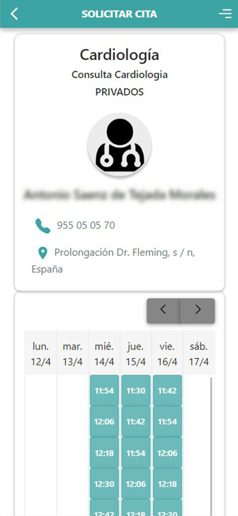 Pantalla de programación para una cita de cardiología en la aplicación del Hospital San Agustín.
