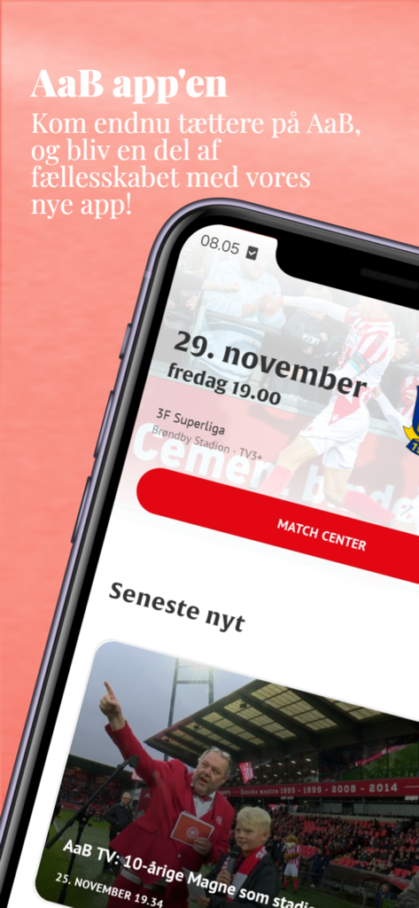 The home screen of the AaB official mobile app showing match information and latest club news