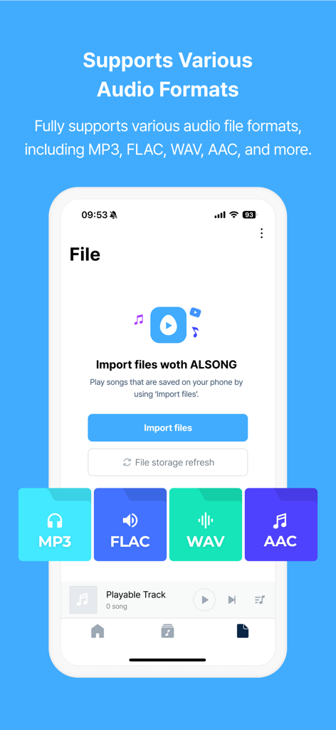 ALSong music player screen showing support for various audio formats like MP3 and FLAC