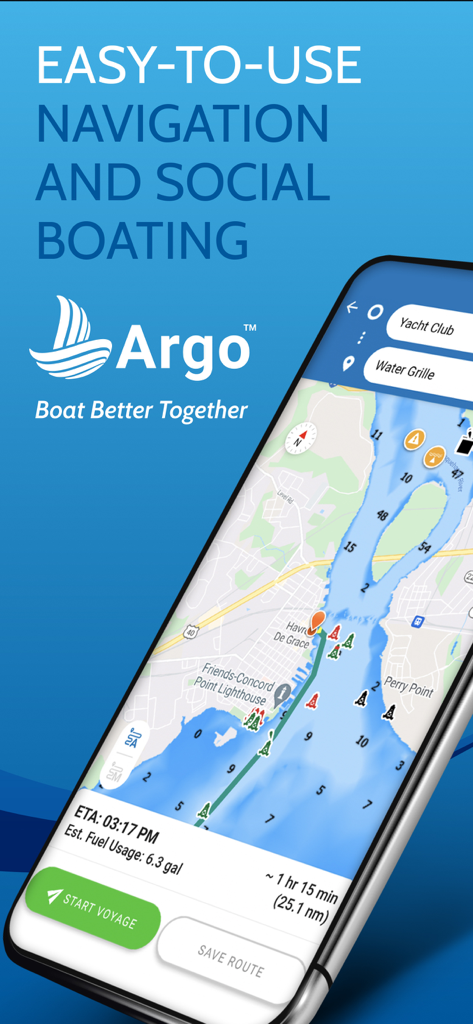 Smartphone showing Argo boating navigation app interface with a planned marine route