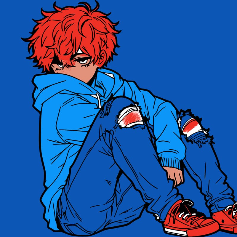 a male hoddie ripped jeans messy hair anime