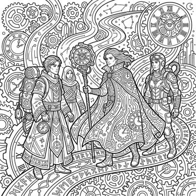 Unleash your creativity with this incredibly detailed adult coloring page, depicting a group of Time Refugees traversing a landscape of gears and temporal elements. Perfect for those who love steampunk, fantasy, and intricate designs that offer hours of relaxing coloring.