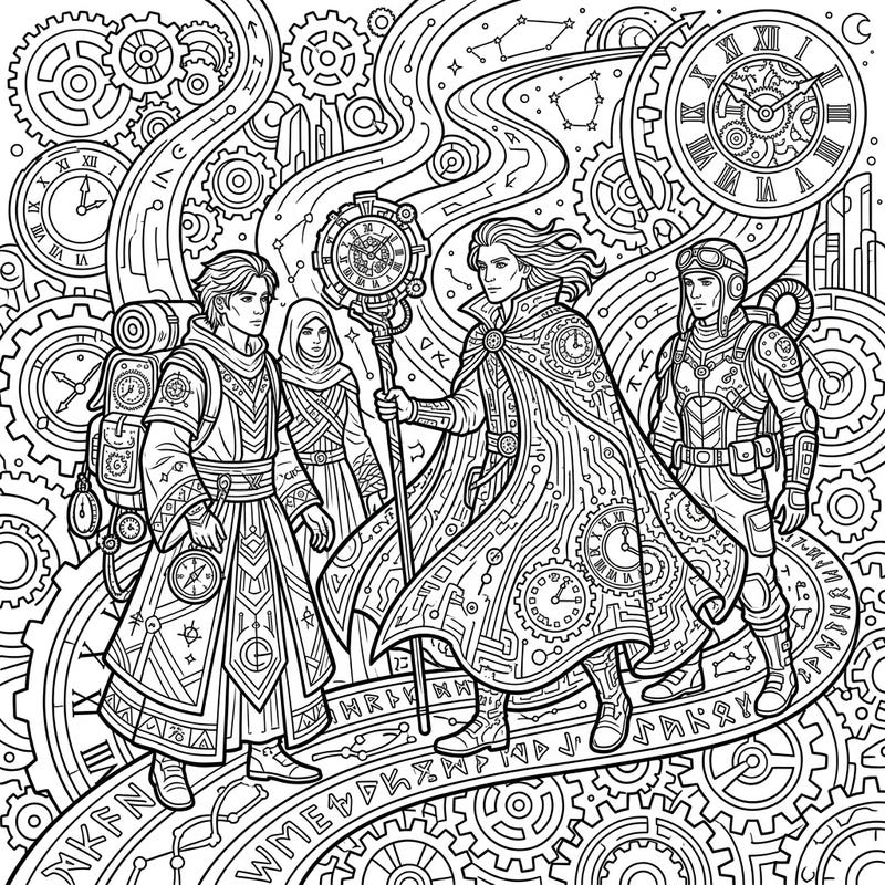 Unleash your creativity with this incredibly detailed adult coloring page, depicting a group of Time Refugees traversing a landscape of gears and temporal elements. Perfect for those who love steampunk, fantasy, and intricate designs that offer hours of relaxing coloring.