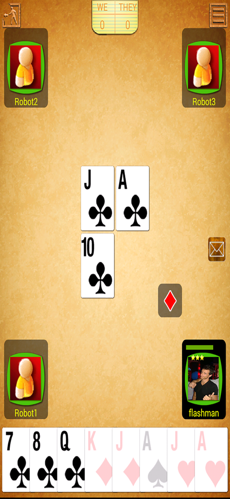 Gameplay screen of the Belot card game featuring a multiplayer table and digital card hand