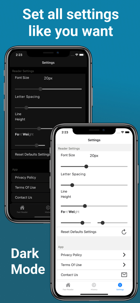 Bio Reading - Fast Read - Interfaccia dell'app Bio Reading che mostra impostazioni di testo personalizzabili e interruttore modalità scura