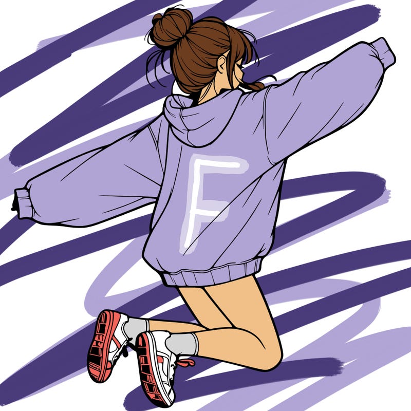 realistic girl jumping with a bun and oversized sweatshirt