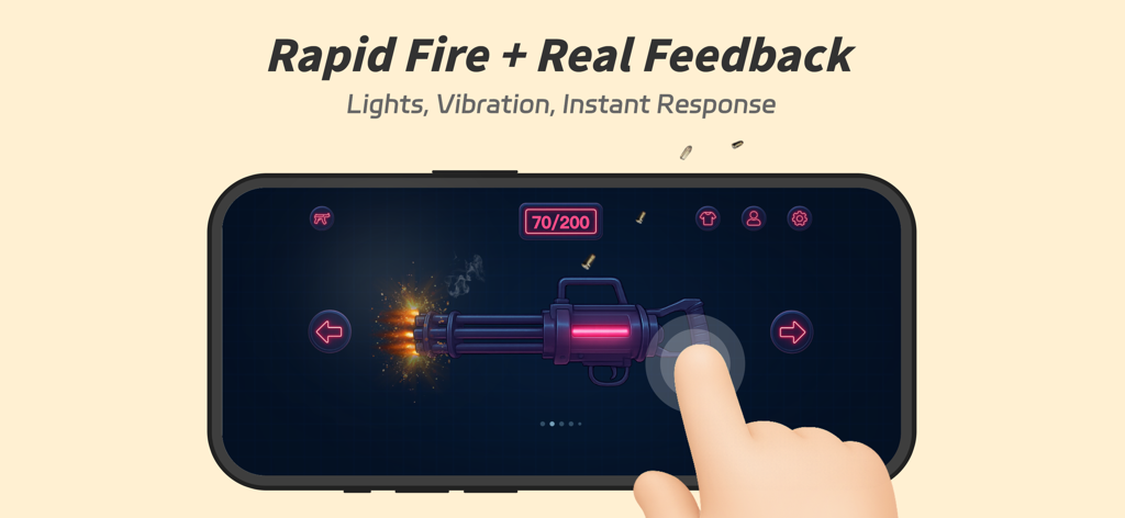 Smartphone screen showing a minigun firing simulation with touch controls and rapid fire effects.
