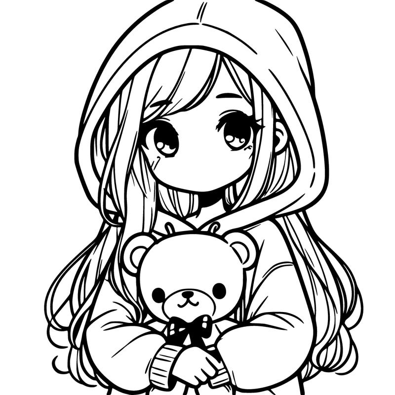 girl with big hoodie and long hair holding teddy bear