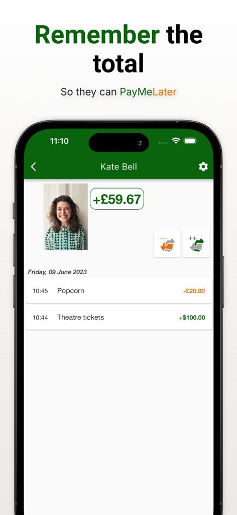 PayMeLater app interface showing a running tally of shared expenses and debts with a friend