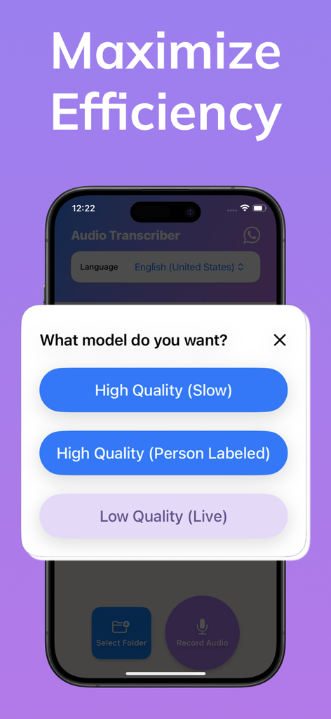Whisper AI Voice to Text - A mobile interface for Whisper AI Voice to Text showing options to choose between high-quality or live low-quality transcription models.