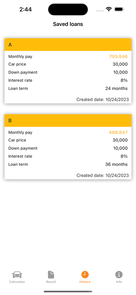 Schermata che mostra un confronto tra due scenari di prestito auto salvati con diversi pagamenti mensili e termini di prestito.