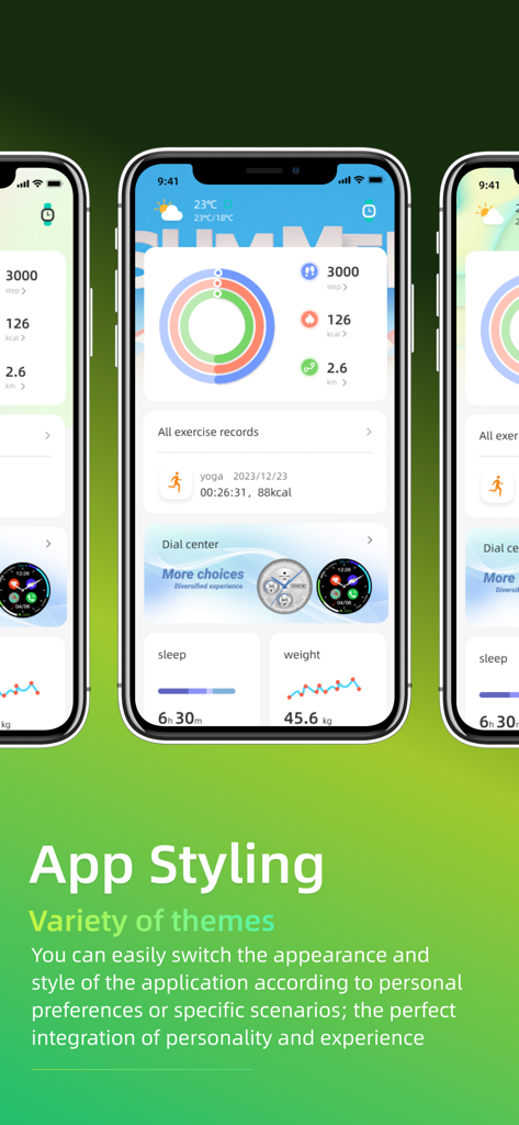 OnWear Pro - Trois écrans d'iPhone montrant le tableau de bord de l'application OnWear Pro avec des thèmes personnalisables et des données de suivi de santé.