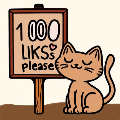 a cat next to a sign that says 100 likes please