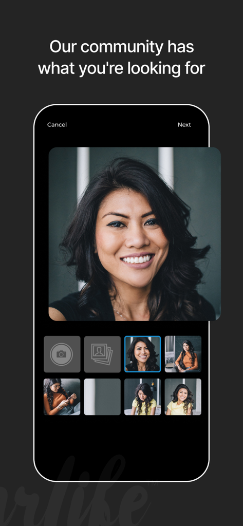 Cougar Life: Cougar Dating App - Una interfaz de selección y carga de foto de perfil en la aplicación de citas Cougar Life