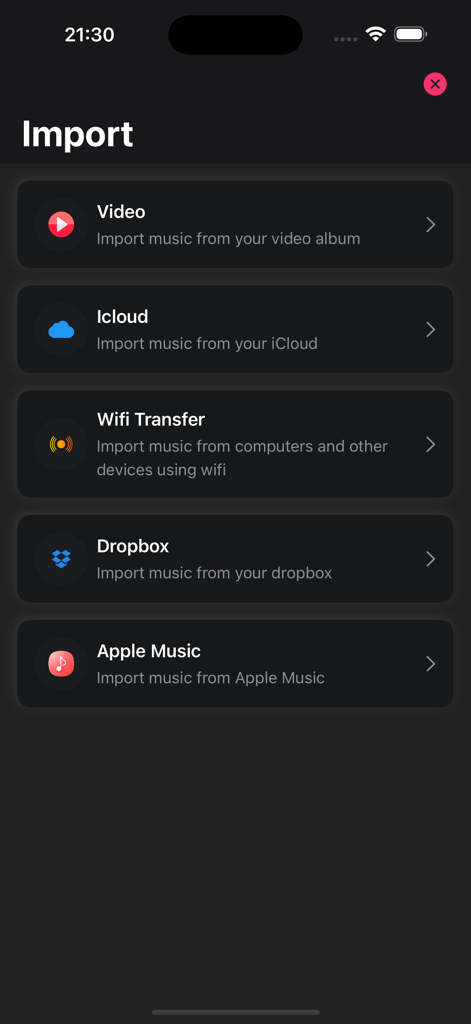 Interface for importing music from video albums, iCloud, Wifi transfer, Dropbox, and Apple Music