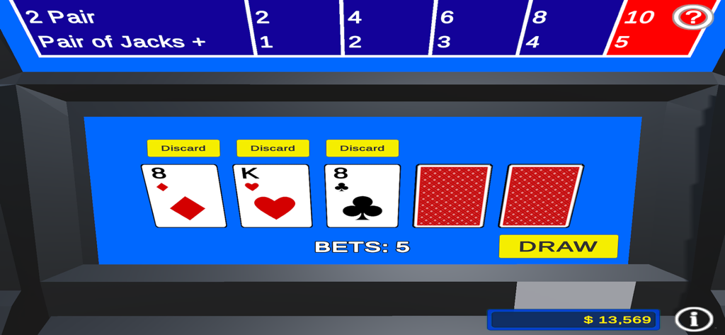 Magnin Casino Challenge - A video poker gameplay screen featuring three cards face-up with a pair of eights and two cards face-down