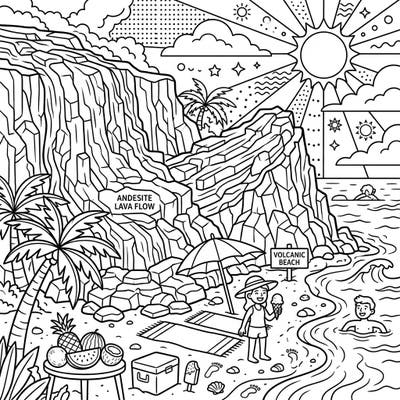 Experience a unique summer day where geological wonders meet beachside bliss on this exciting coloring page. Discover a vibrant volcanic beach scene, complete with towering andesitic lava flows, sunny shores, and joyful beachgoers.
