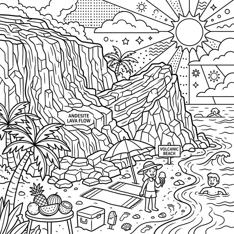 Experience a unique summer day where geological wonders meet beachside bliss on this exciting coloring page. Discover a vibrant volcanic beach scene, complete with towering andesitic lava flows, sunny shores, and joyful beachgoers.