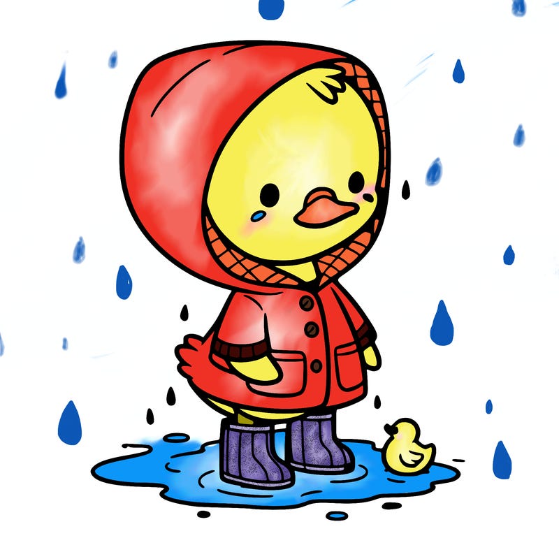 baby duck in a rain coat and boots, in a puddle while it’s raining