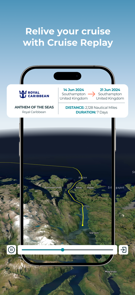 The Cruise Globe - 3D cruise replay showing the sailing path of Anthem of the Seas on a satellite map.