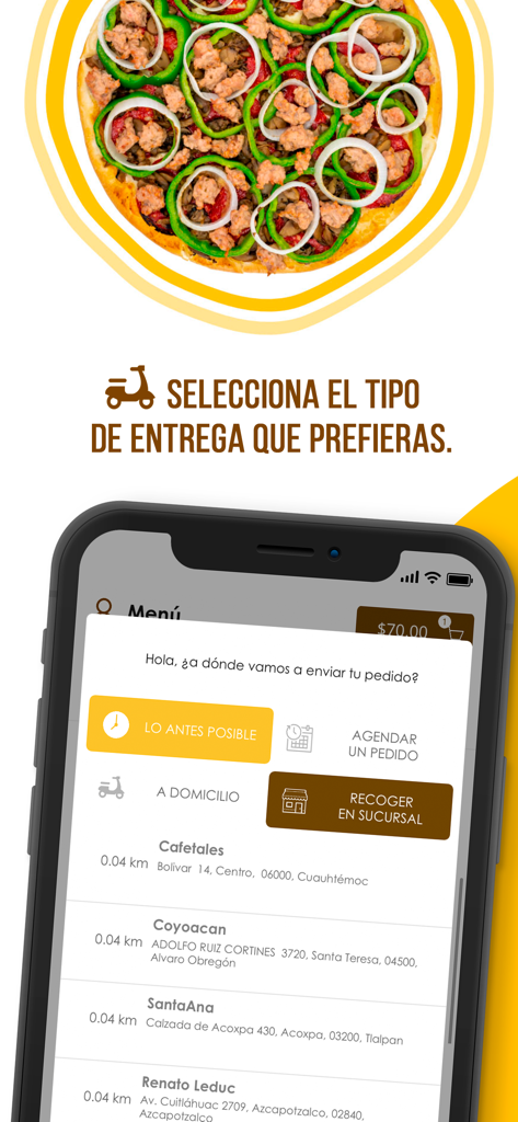 Pizzas Plaza - La interfaz de la aplicación Pizzas Plaza muestra opciones de entrega y recogida con una lista de sucursales del restaurante.