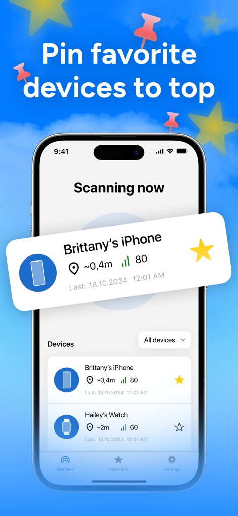 Lost AirPod Finder - Lost AirPod Finder app interface showing how to pin favorite bluetooth devices for quick tracking