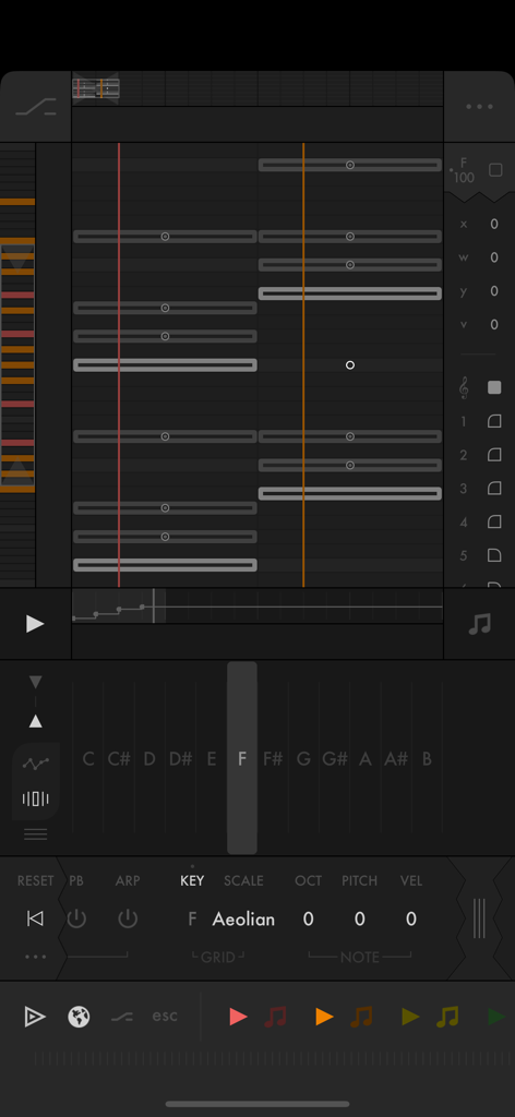 Fugue Machine Rubato - Fugue Machine Rubato music sequencer interface showing a multi-playhead piano roll and F Aeolian scale settings.