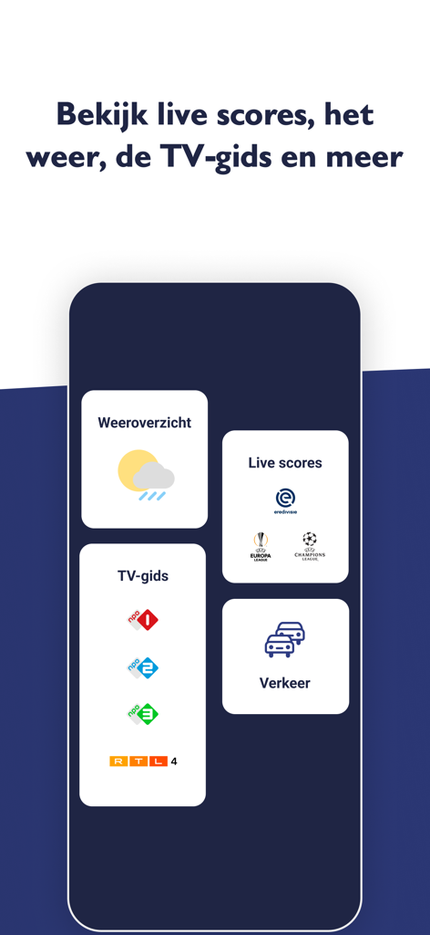 NU.nl - Una pantalla móvil que muestra las características de la aplicación NU.nl, que incluyen pronósticos del tiempo, resultados deportivos en vivo, guía de TV y actualizaciones de tráfico.