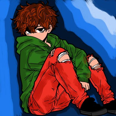 a male hoddie ripped jeans messy hair anime