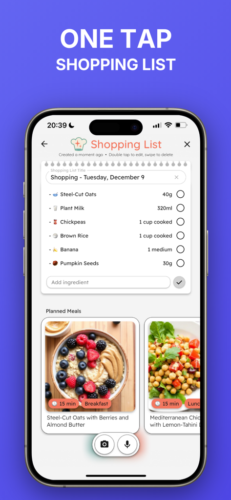 YouCook: Meal Plan & Recipes - The YouCook app interface displaying an automated grocery shopping list and planned healthy meals on a smartphone