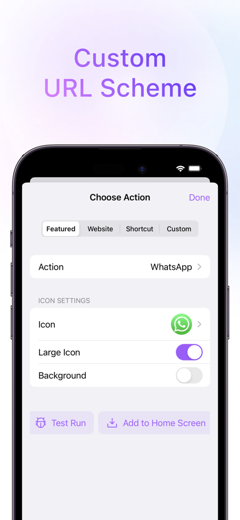 Interface de l'application Lock Launcher montrant comment configurer un schéma d'URL personnalisé pour WhatsApp avec des paramètres d'icônes