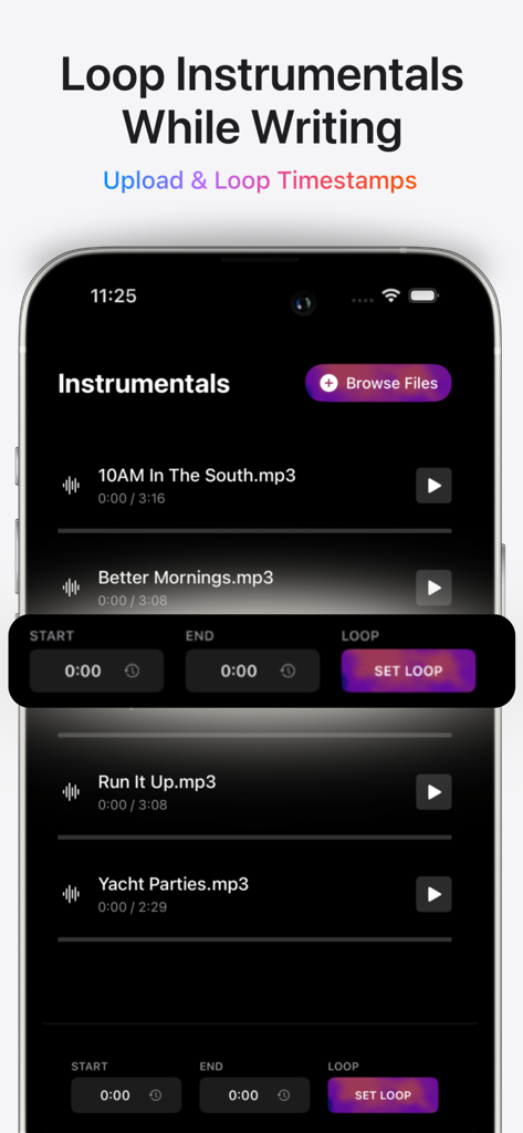Tela de smartphone mostrando a seção de instrumentais do aplicativo Fye AI com recursos para fazer upload e loop de faixas de áudio enquanto escreve letras.