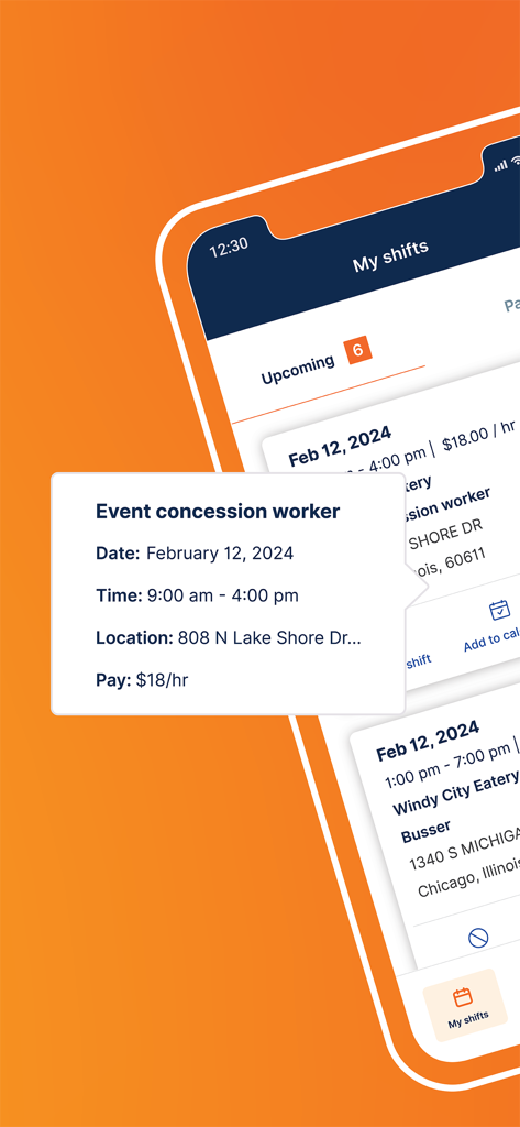 JobStack for Work: Daily Pay - Interface of the JobStack for Work mobile app showing a list of upcoming shifts including an event concession worker job with details on date, time, location, and hourly pay.