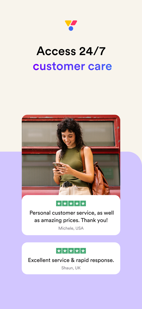 Vio.com: Hotels & travel deals - Schermata dell'app Vio.com che evidenzia il supporto clienti 24/7 e le testimonianze degli utenti a cinque stelle